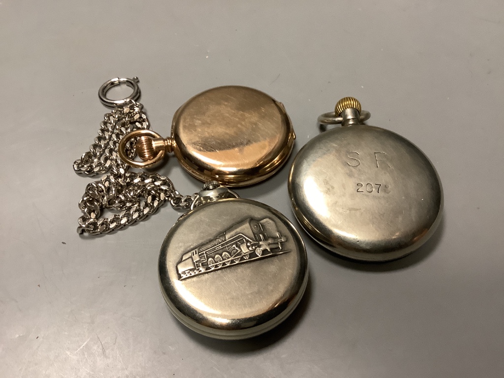 A gold plated pocket watch and two others including Russian.